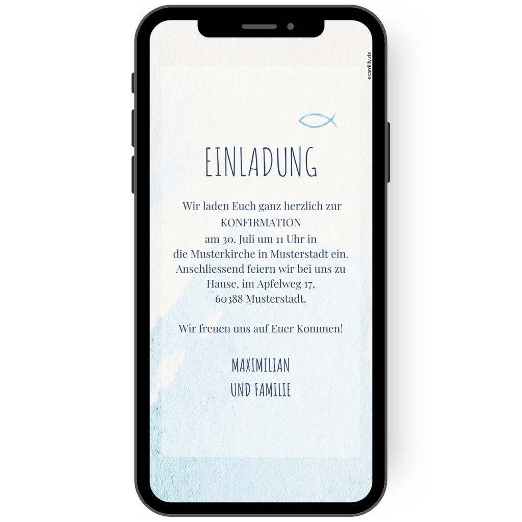 Einladungskarte als eCard zur Konfirmation in blau, weiss und watercolor Design. Papierlos über whatsapp versenden.