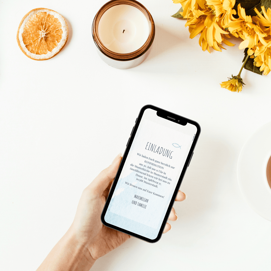 Einladungskarte als eCard zur Konfirmation in blau, weiss und watercolor Design. Papierlos über whatsapp versenden.
