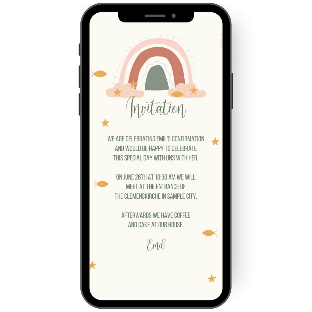 Confirmation invitation Confirmation or confirmation with a lovely rainbow. This digital invitation card is available in green, beige and yellow. Simply send an invitation card with your cell phone via whatsapp.