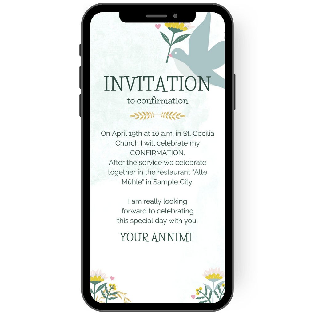 A small blue and pink dove with a flower in its beak and a chalice are depicted on this invitation card for christenings, confirmations, confirmations and confirmations