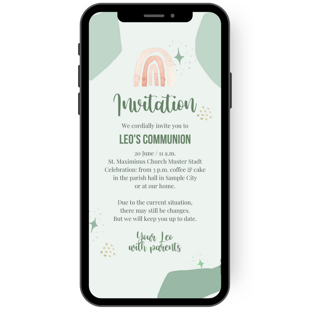 Great eCard as an invitation card for confirmation, confirmation or confirmation. In keeping with the rainbow theme, this digital invitation card makes it easy to send invitations using your smartphone.