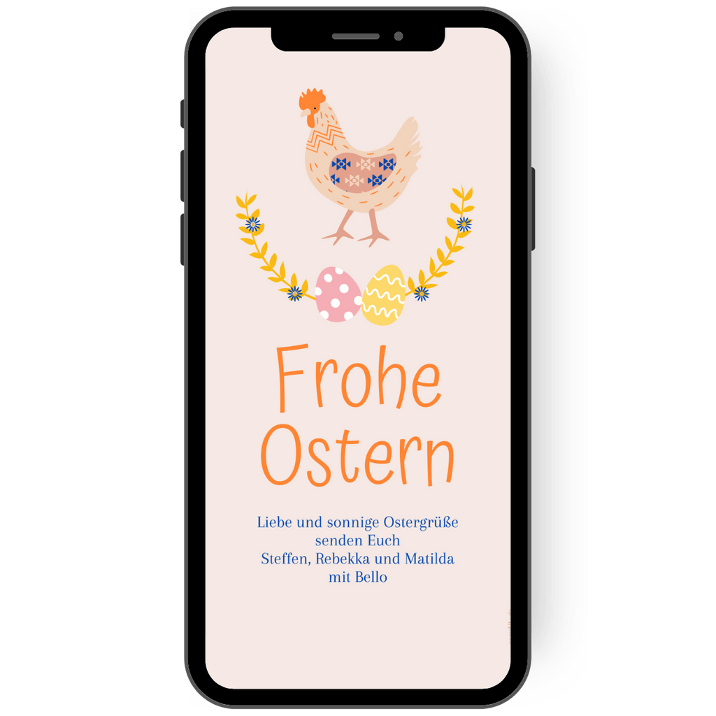 Osterkarte als Osterpost mit einer Aufschrift Frohes Ostern. Diese eCard ist in tollen Pastellfarben gestaltet und grüßt mit einem Huhn in das Osterfest.