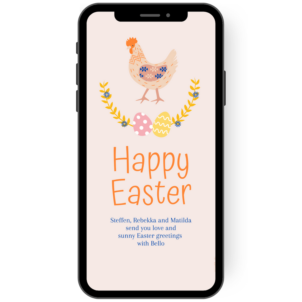 Easter card as Easter mail with the inscription Happy Easter. This eCard is designed in great pastel colors and greets Easter with a chicken.