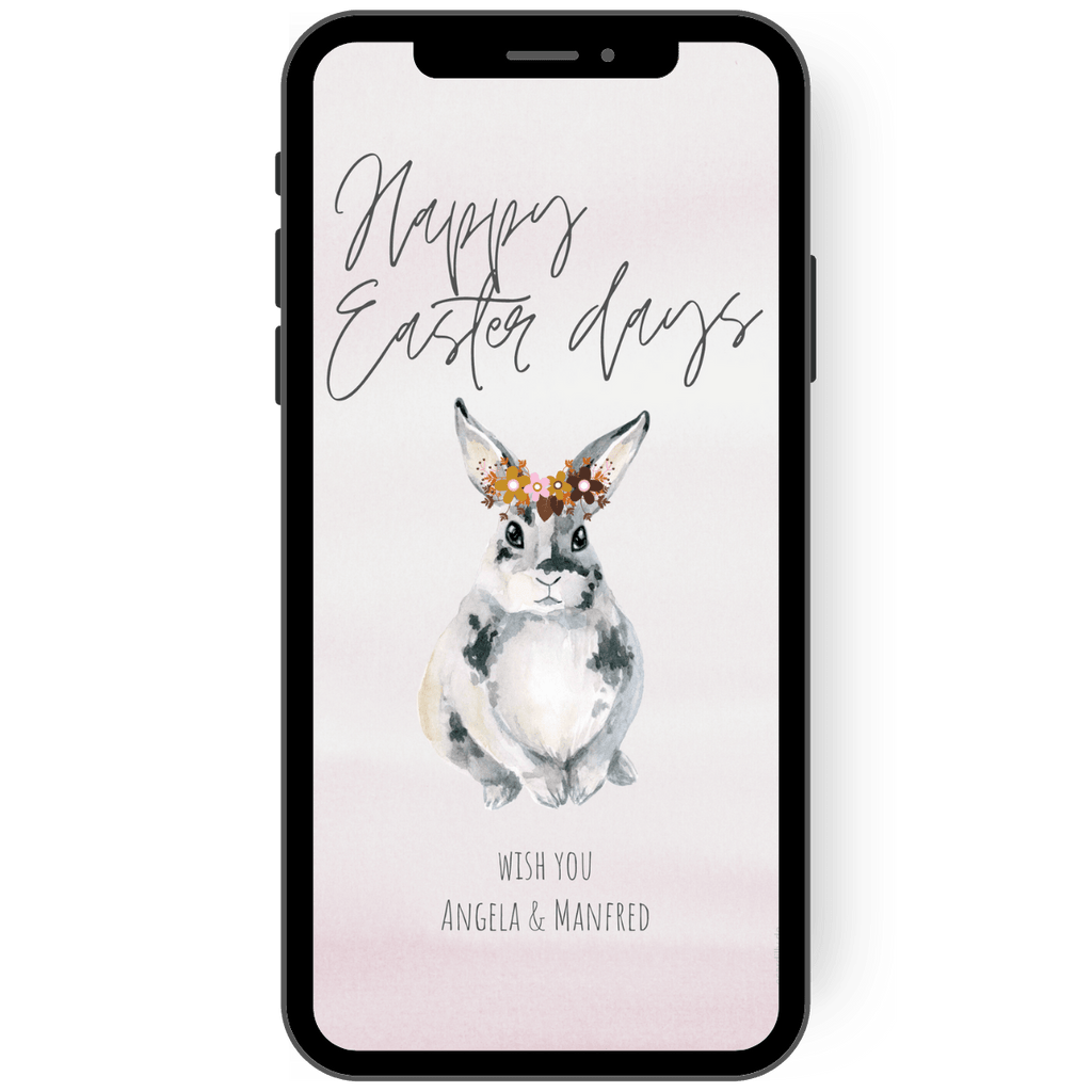 Greeting card for Easter with Easter bunny and calligraphy inscription Happy Easter. With or without name possible. Digital greeting card for the smartphone.