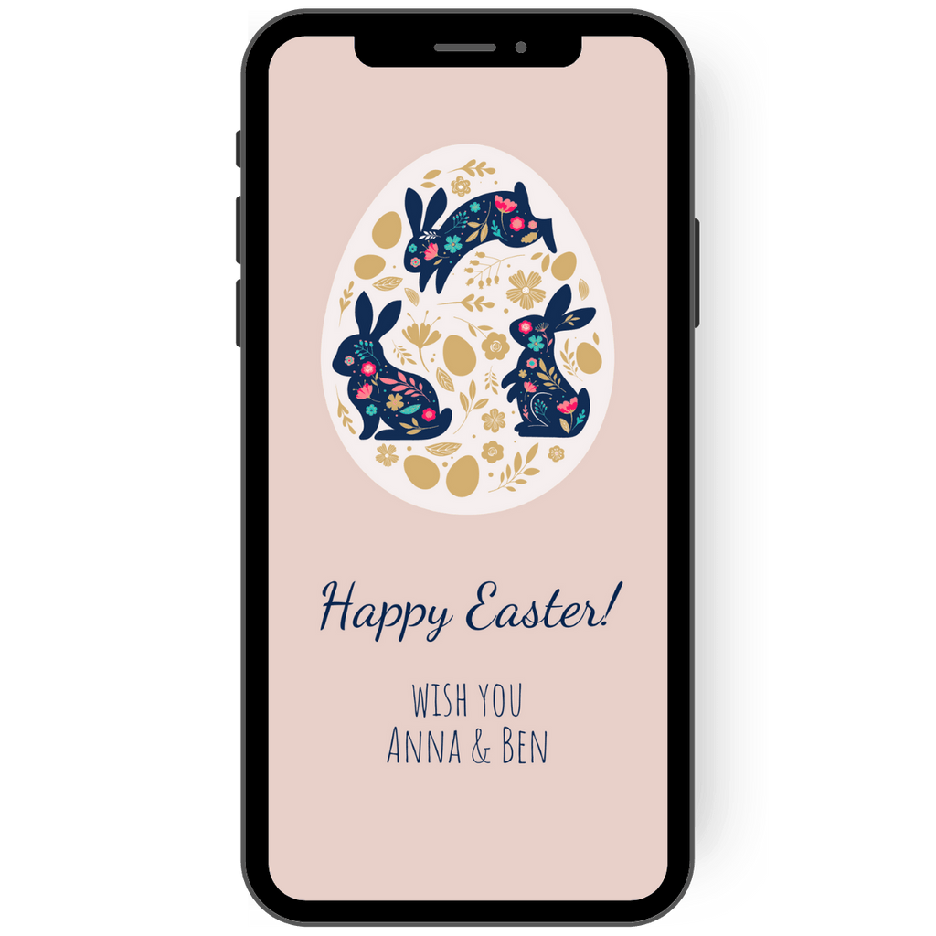 Easter greeting card with Easter egg, Easter bunny and great pastel colors. A great pattern of bunnies, flower tendrils and Easter eggs decorates this great Easter card.