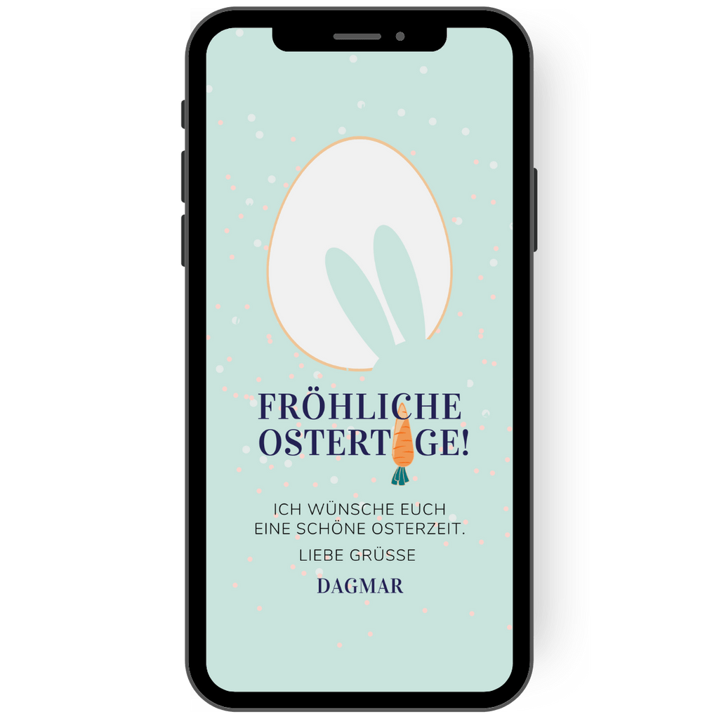 Osterkarte mit Osterei mit Hasenohren und eine Möhre auf einer eCard mit dem Schriftzug Fröhliche Ostertage