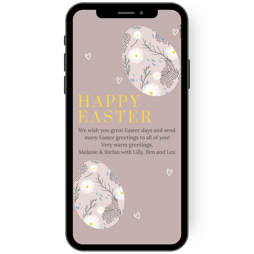 You can surprise friends, acquaintances and colleagues with a digital greeting card for Easter. Greeting card with Easter eggs in yellow, white and brown and the cheerful inscription Happy Easter. Send Easter greetings or an Easter postcard quickly and easily with your smartphone.