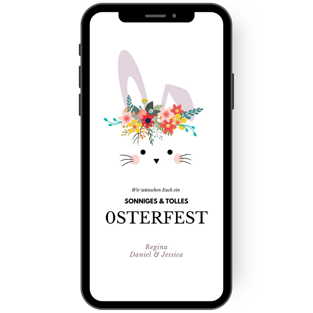 Osterkarte - Osterhase mit Knickohr und Blumenkranz auf einer eCard, mit der Du vielen lieben Menschen ein sonniges und tolles Osterfest wünschen kannst