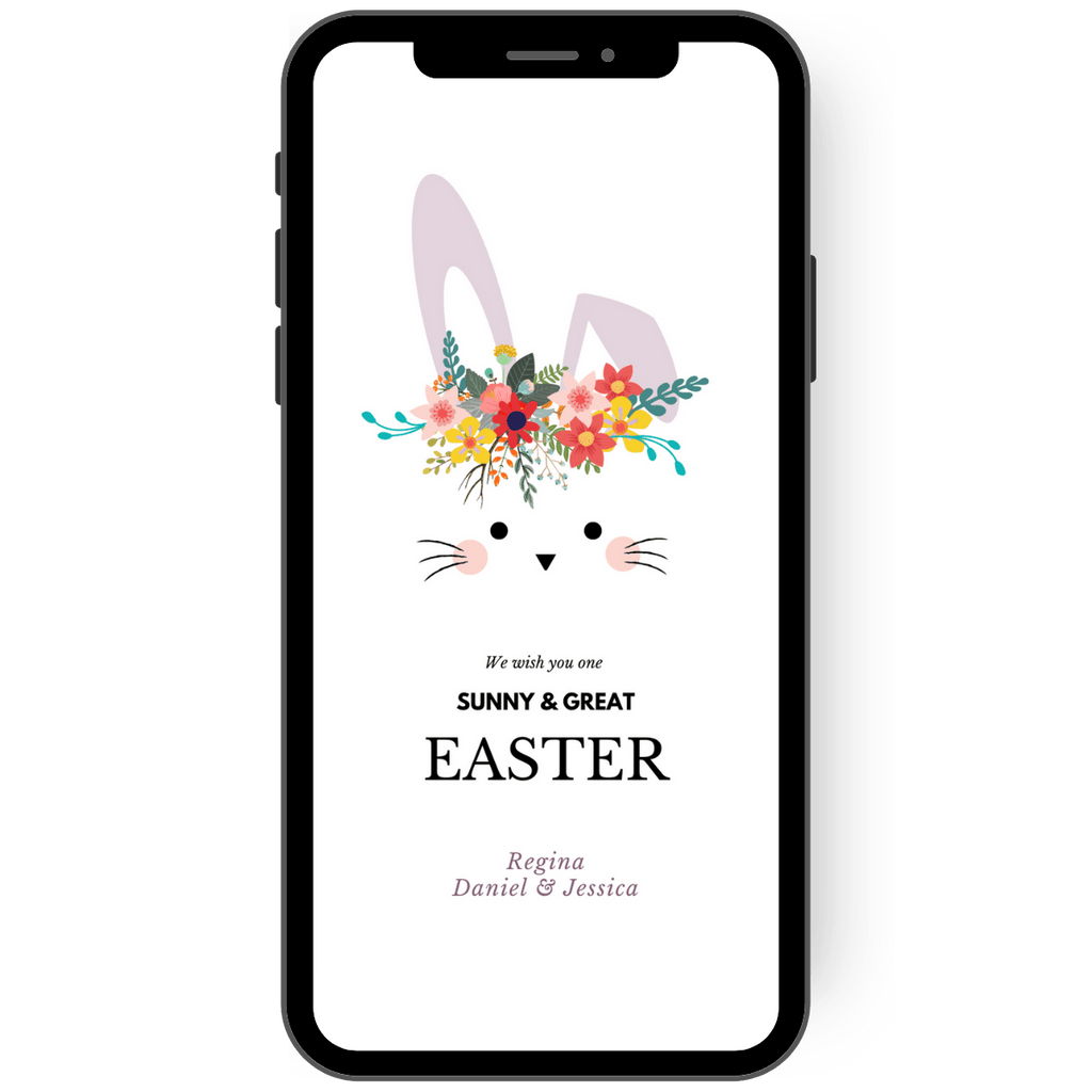 Easter card - Easter bunny with bent ear and wreath of flowers on an eCard with which you can wish many loved ones a sunny and wonderful Easter