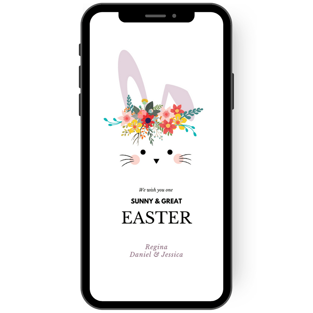 Easter card - Easter bunny with bent ear and wreath of flowers on an eCard with which you can wish many loved ones a sunny and wonderful Easter