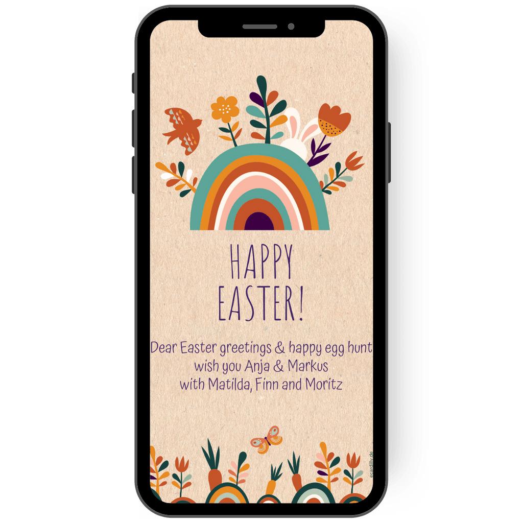 Great Easter greeting card with rainbow as an eCard. You can easily send this colorful, cheerful greeting card with your cell phone. Colorful flowers, birds and carrots are simply part of Easter.