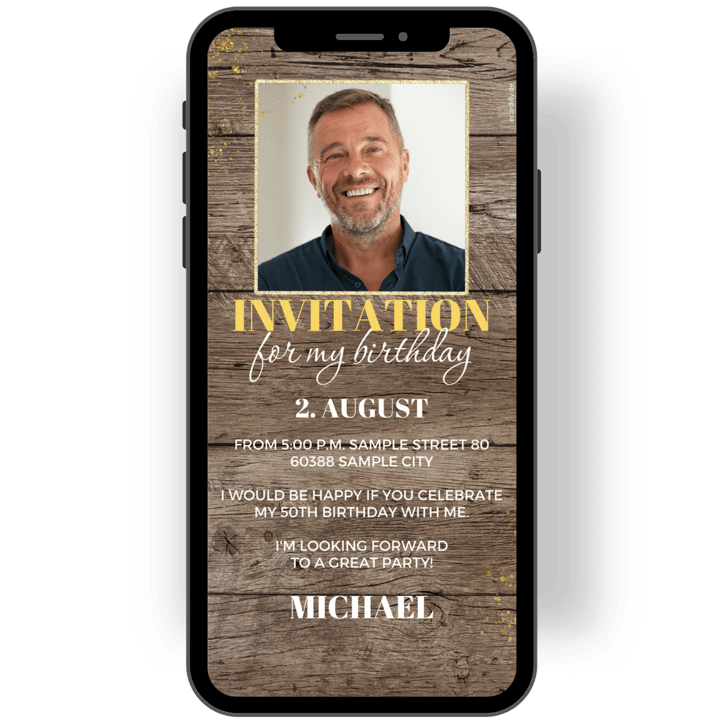 Invitation for men with rustic background in wood, golden lettering and a personal photo.