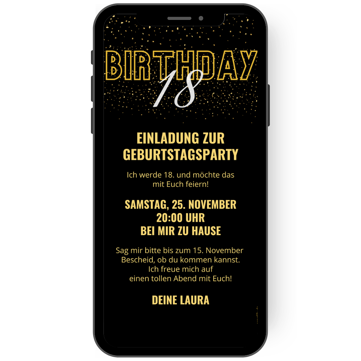 Tolle Vorlage für deine WhatsApp Einladung zum 18. Geburtstag eCARDILLY