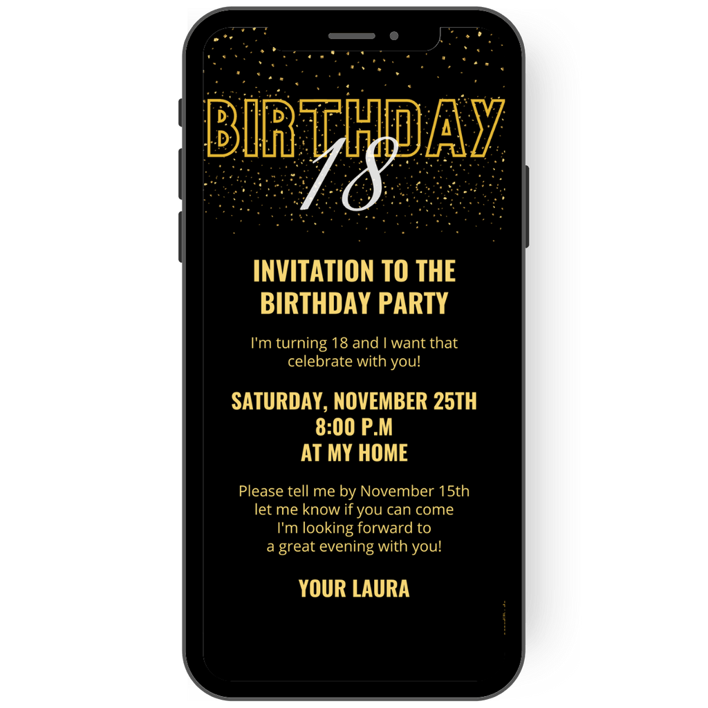 Invitation card with confetti and glitter in black and gold. The 18th birthday can be celebrated in this way and all guests will be delighted with such a beautiful paperless invitation card. en