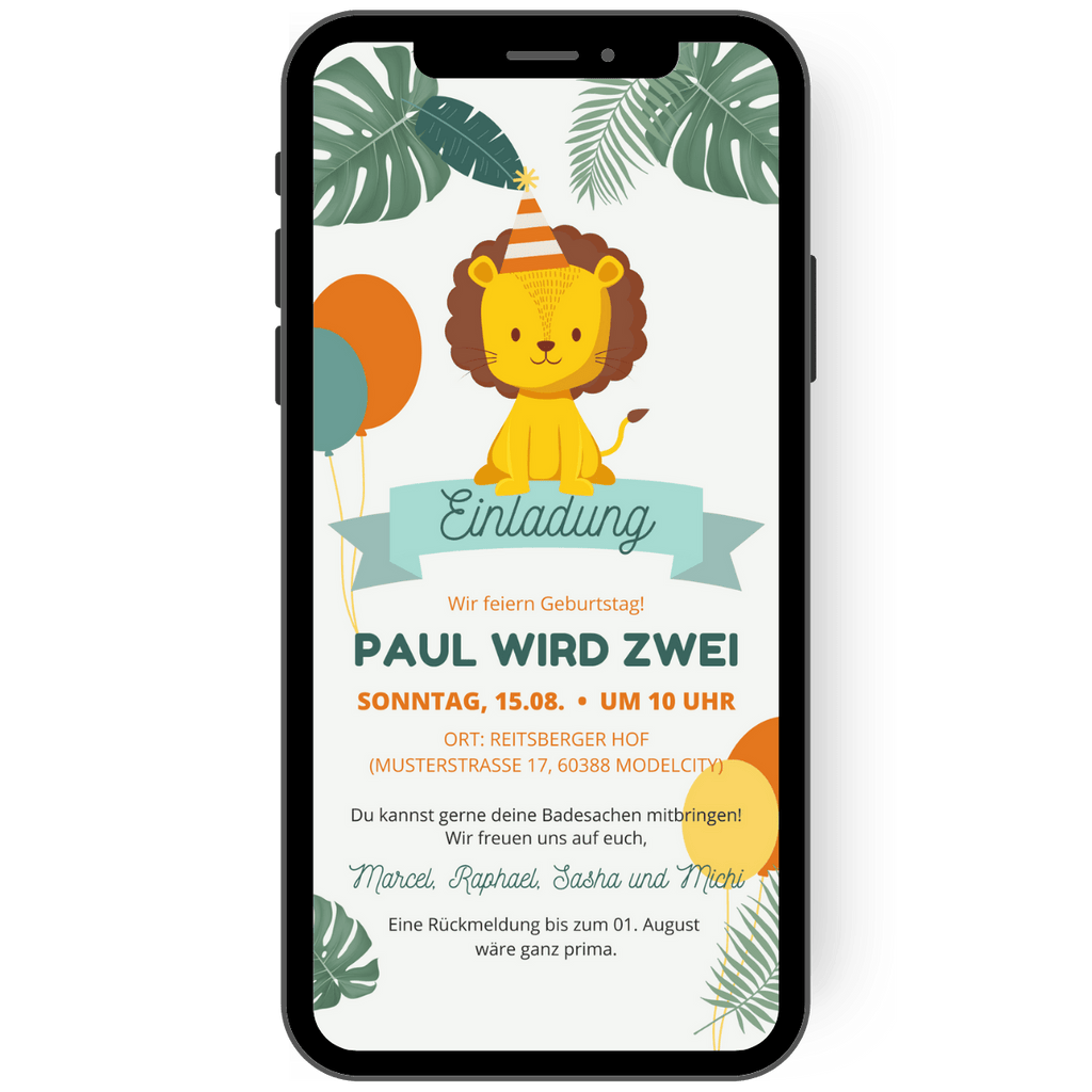 Children's birthday party invitation with a little lion and colorful balloons on a light background with leaves. Colorful font invites you to a child's birthday party. en