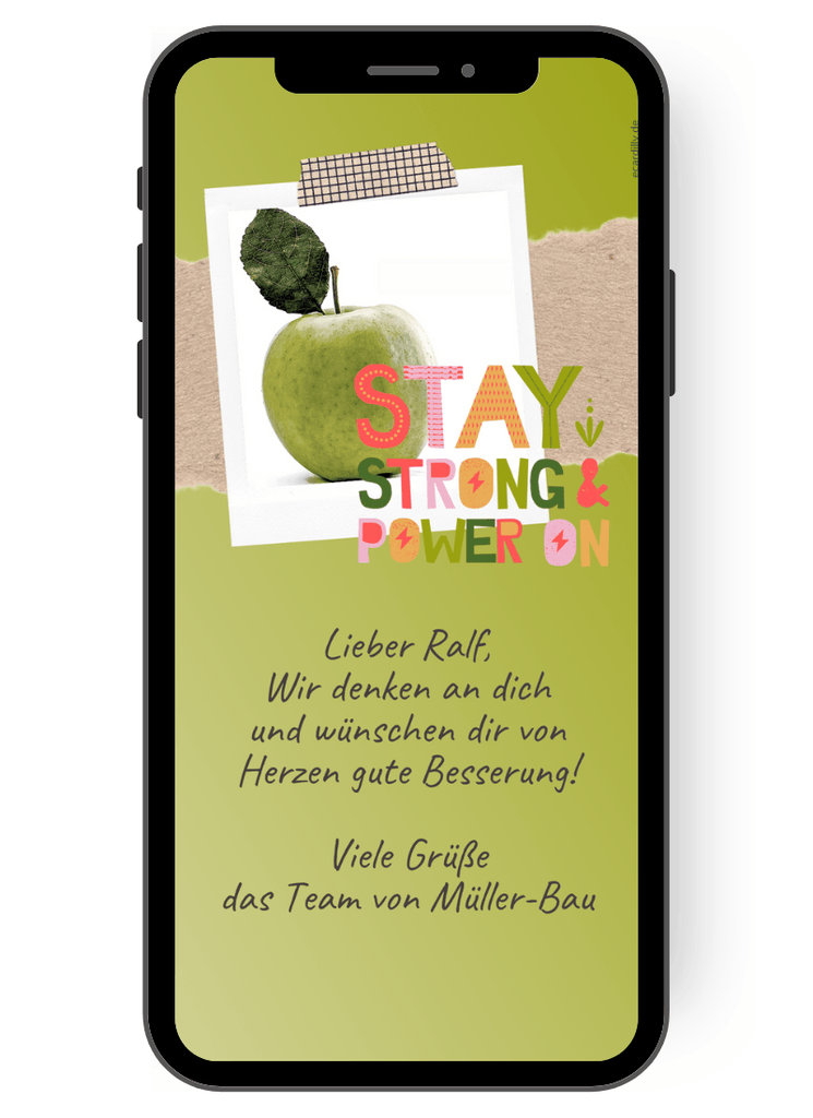 Karte und Grußkarte mit Glückwünschen zur guten Besserung Wünsche in grün mit Apfel im Hintergrund. Stay strong and Power On. Wir denken an dich. de