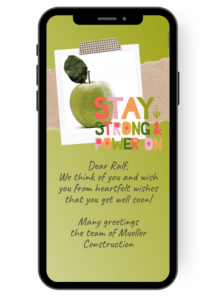 Card and greeting card with congratulations get well wishes in green with apple in background. Stay strong and Power On. We think about you. en