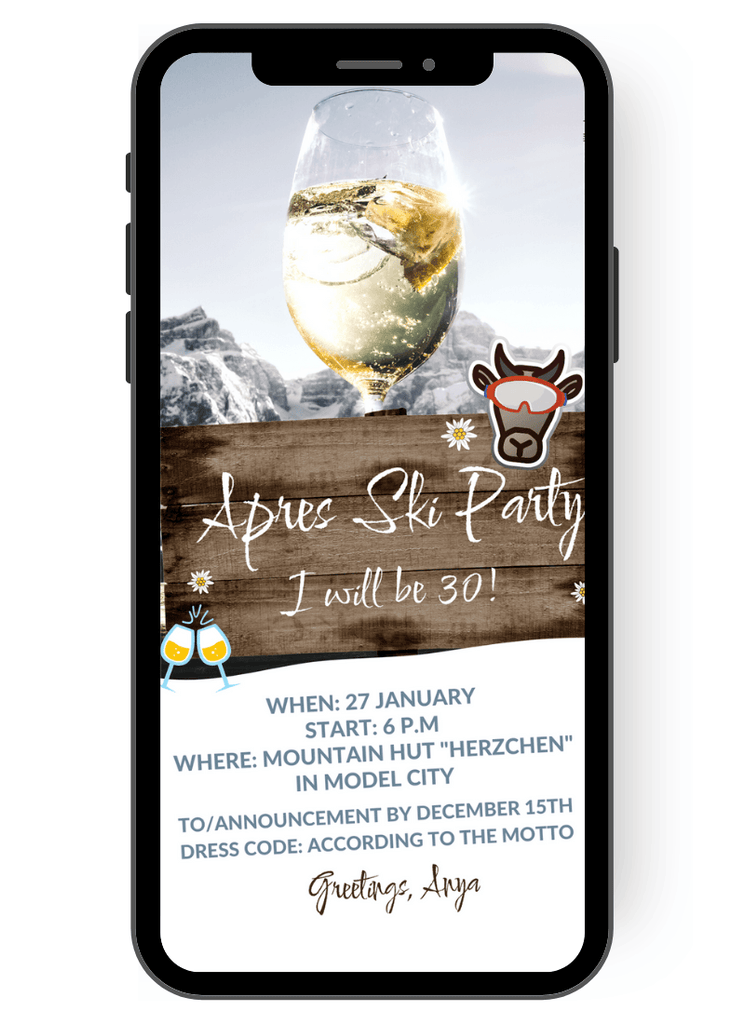 Mountains in the background, a cool drink and a Kh with ski goggles on her eyes: that's my invitation card idea for your next après-ski themed party en