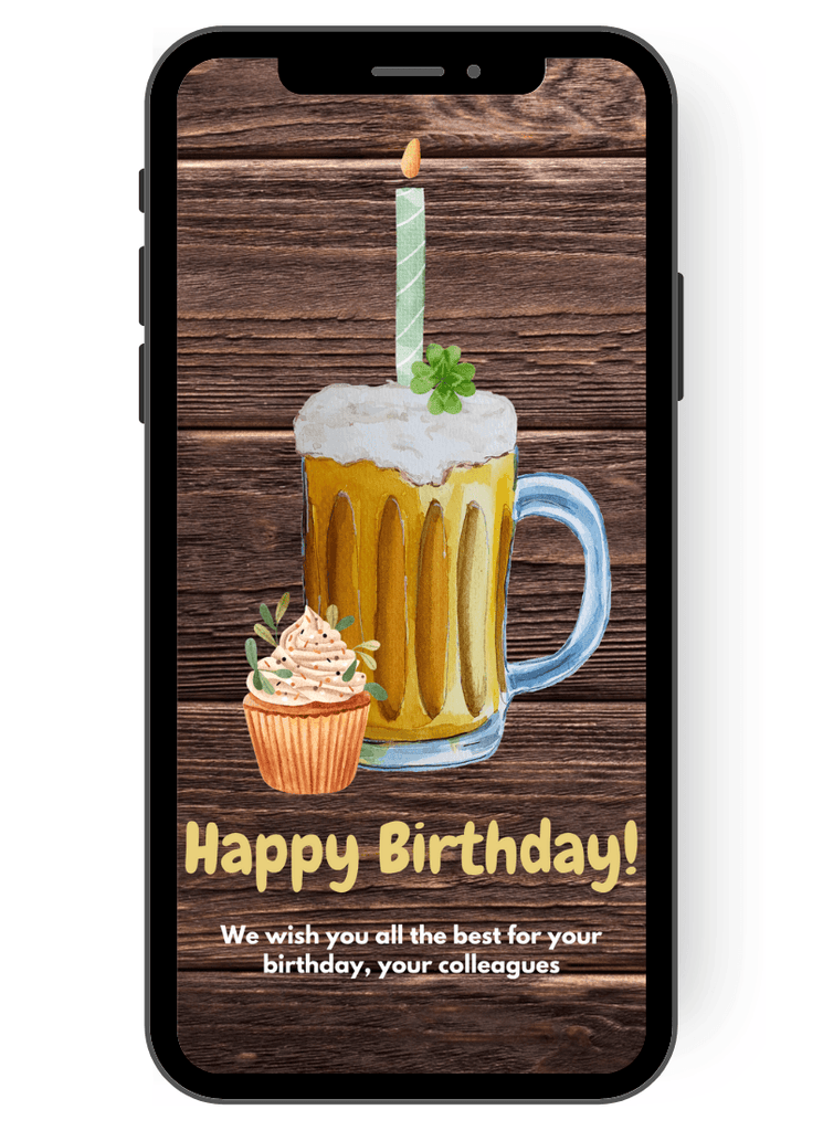 eCard - Happy Birthday - greeting card - beer mug with candle and shamrock - muffin - colleague - wood en
