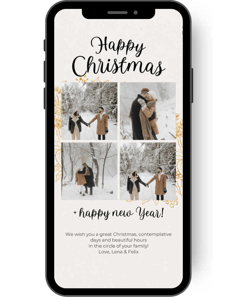Modern, simple Christmas card with four photos and the option to add a great personal Christmas greeting to the eCard. Golden branches are in the background of this WhatsApp Christmas card. en