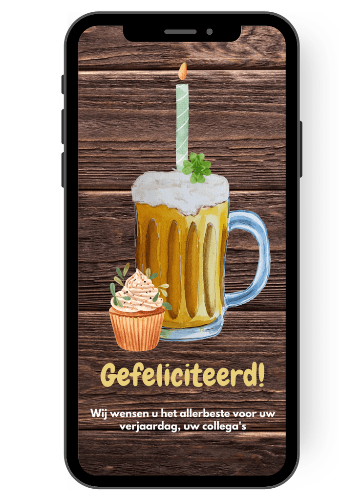 eCard - Gelukkige Verjaardag - Wenskaart - Bierpul met kaars en klaver - Muffin - Collega - Wood nl