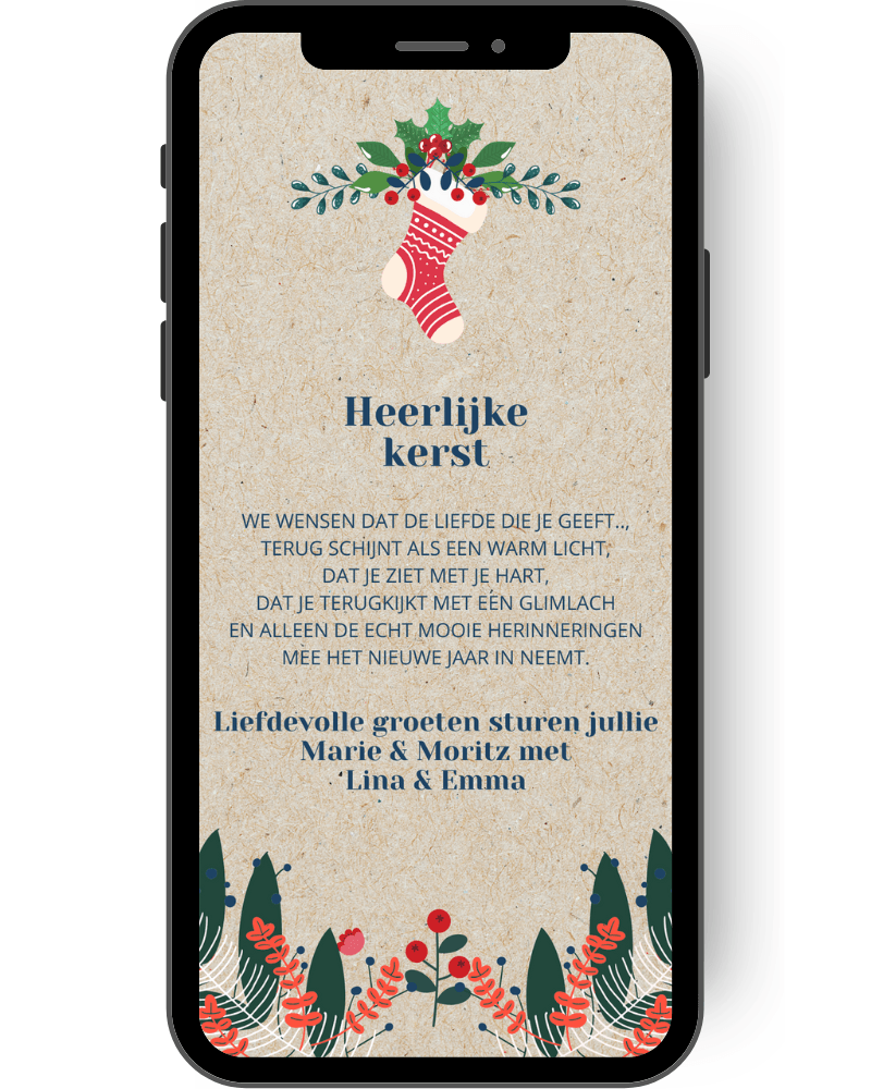 Digitale kerstkaart met kerstmotieven met takken en een sok in rood en wit. nl