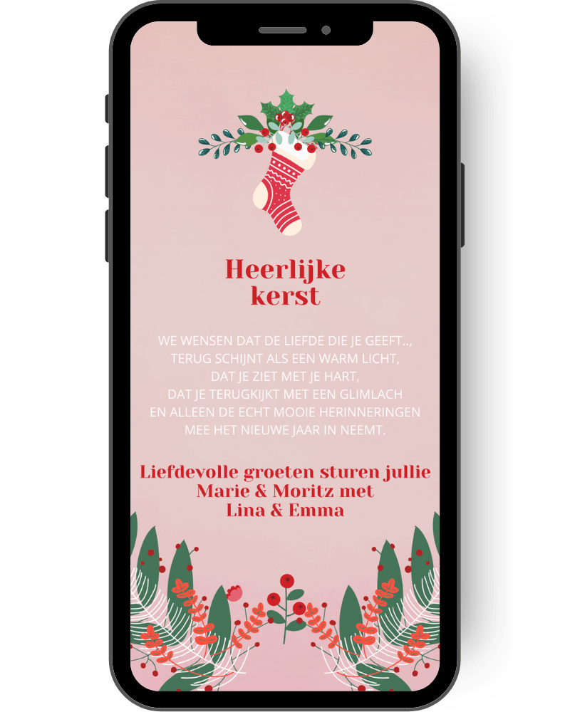 Digitale kerstkaart in roze met kerstmotieven met takken en een sok in rood en wit. nl