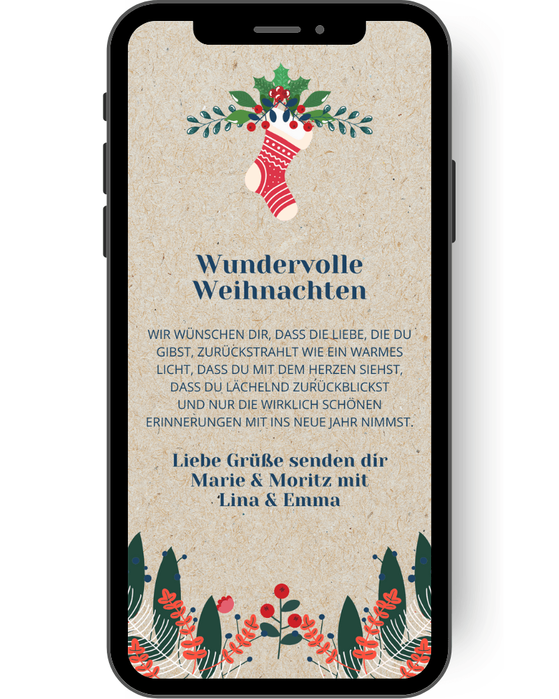Digitale Weihnachtskarte mit weihnachtlichen Motiven mit Zweigen und einer Socke in rotweiss. de