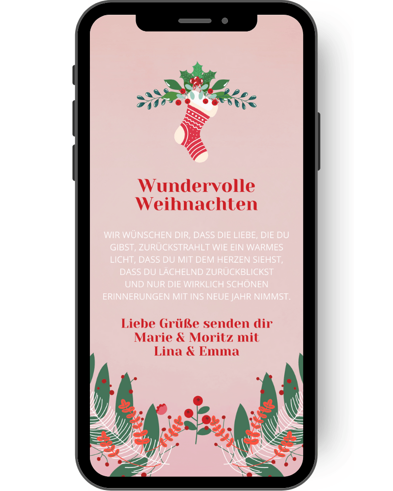 Digitale Weihnachtskarte in rosa mit weihnachtlichen Motiven mit Zweigen und einer Socke in rotweiss. de