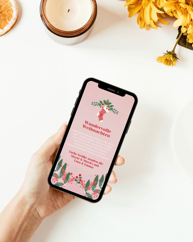 Weihnachtliche digitale Weihnachtskarte in rosa mit einem Hintergrund in Kraftpapier und weihnachtlichen Wünschen. de