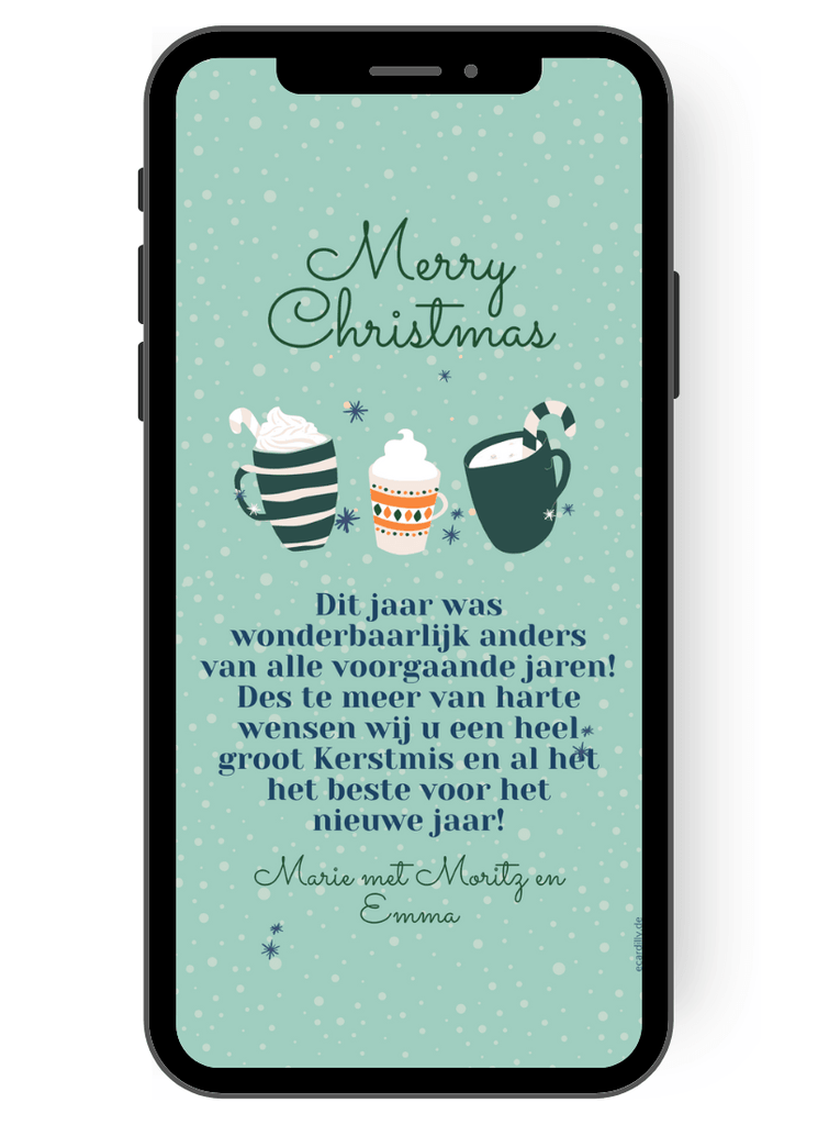 Drie kleurrijke kopjes warme chocolademelk dansen op een blauwe achtergrond vol witte sneeuwvlokken op deze digitale kerstwenskaart. Onder de persoonlijke kerstgroet staan alle namen van je familie. nl