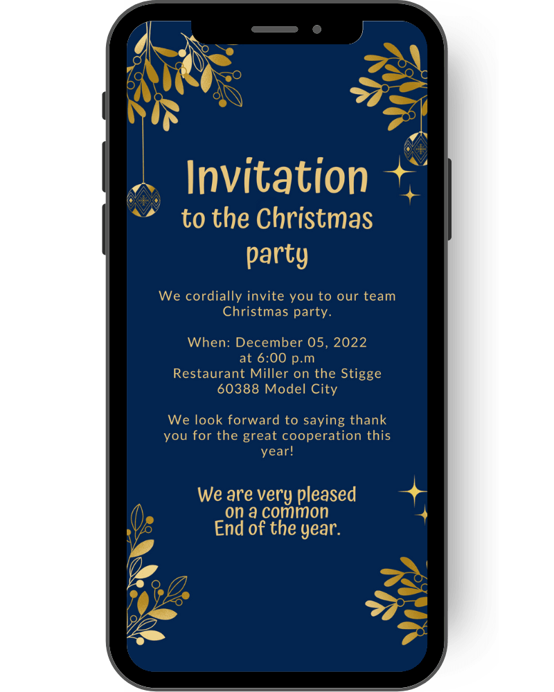 An elegant blue background, perfect for business occasions such as corporate parties, radiates festive splendor. Golden accents add a touch of luxury to the design, while seasonal elements such as festive branches create a Christmassy atmosphere. Ideal for Christmas flyers, Christmas parties, cards and post to emphasize the festive mood in style. en
