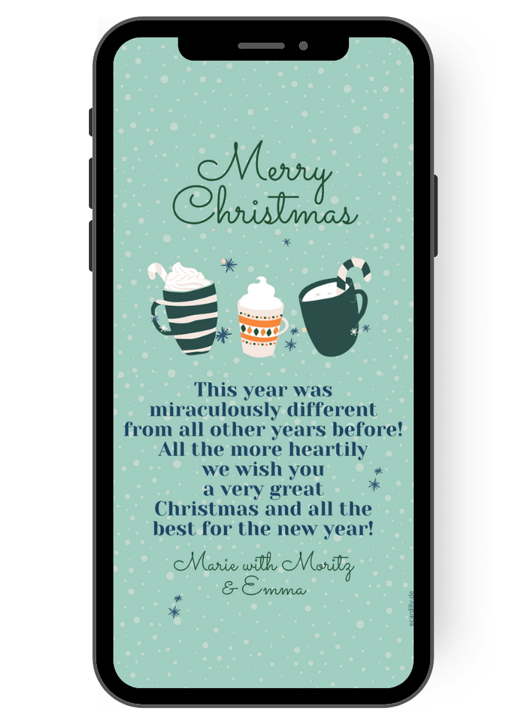 Three colorful cups of hot chocolate dance on this digital Christmas greeting card on a blue background full of white snowflakes. Below the personalized Christmas greetings are all the names of your family. en