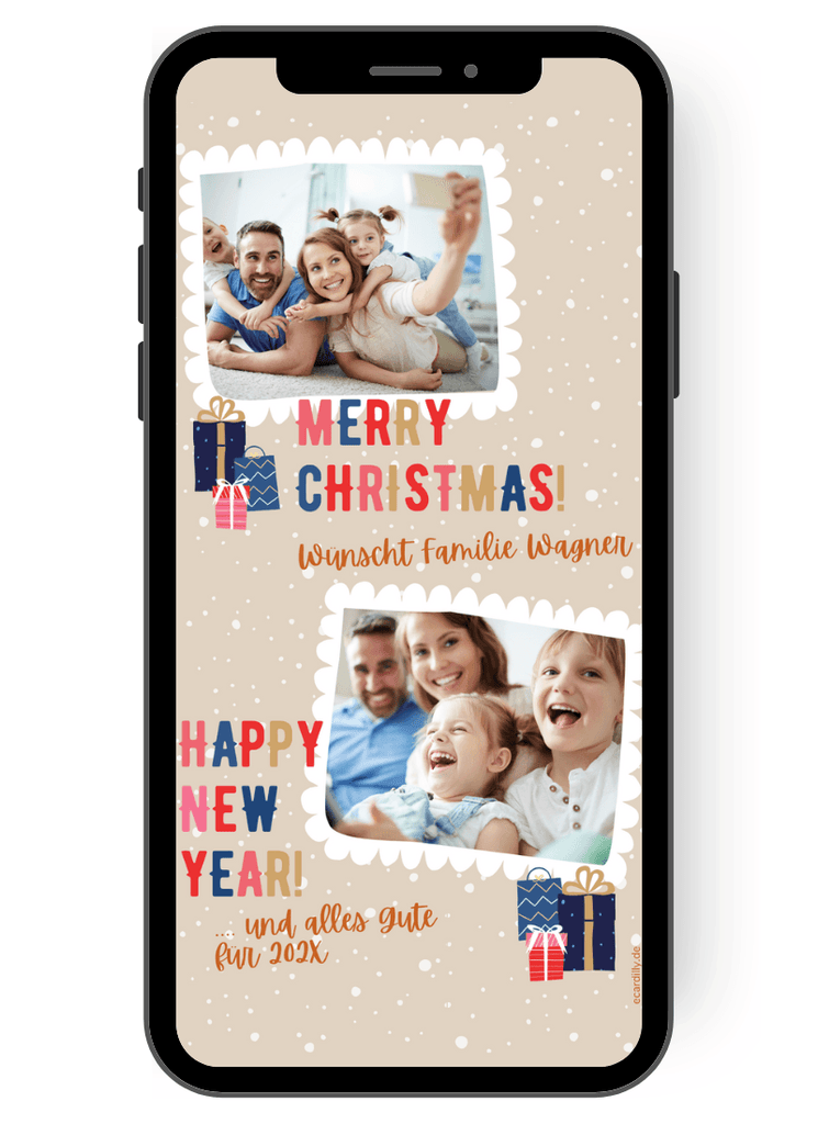 Gleich zwei Lieblingsfotos sind auf dieser persönlichen Weihnachtskarte in einem kleinen Rahmen aus Briefmarken-Zacken platziert. Dazu gibt es Weihnachtsgrüße auf deutsch und auf englisch: So kannst Du diese Weihnachtskarte auch international verschicken de