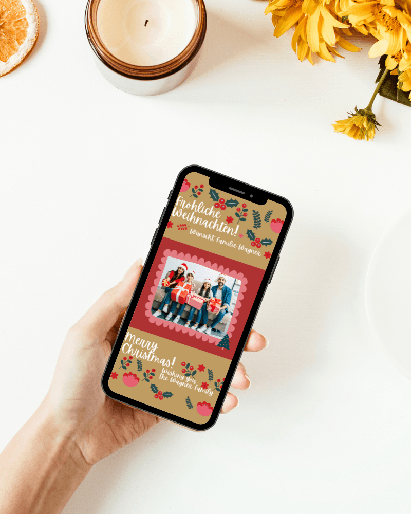 Auf dieser digitalen und papierlosen Weihnachtskarte sind viele Weihnachtmotive die mit einem Foto versendet werden können. de