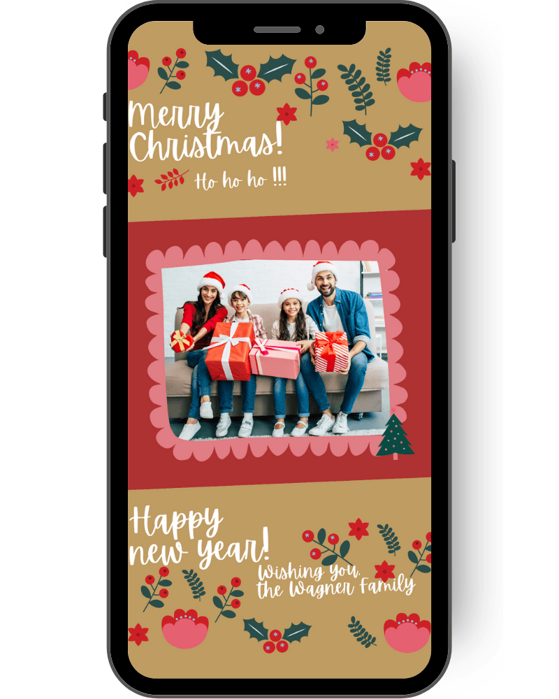 On this digital Christmas greeting card is centrally inserted a favorite photo framed with the prongs of a stamp. Many Christmas symbols and a personal greeting text complete the design of this Christmas card en