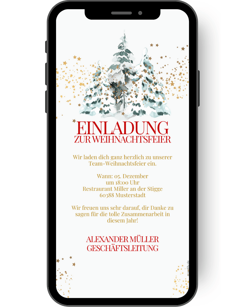 Digitale Einladung zur Weihnachtsfeier, Mitarbeiter-Weihnachtsfeier, Tannen im goldenen Schnee mit kleinen Sternen sind auf dieser tollen Einladungskarte zur Weihnachtsfeier zu sehen. Schrift in rot und gold verzieren diese WhatsApp Karte. de