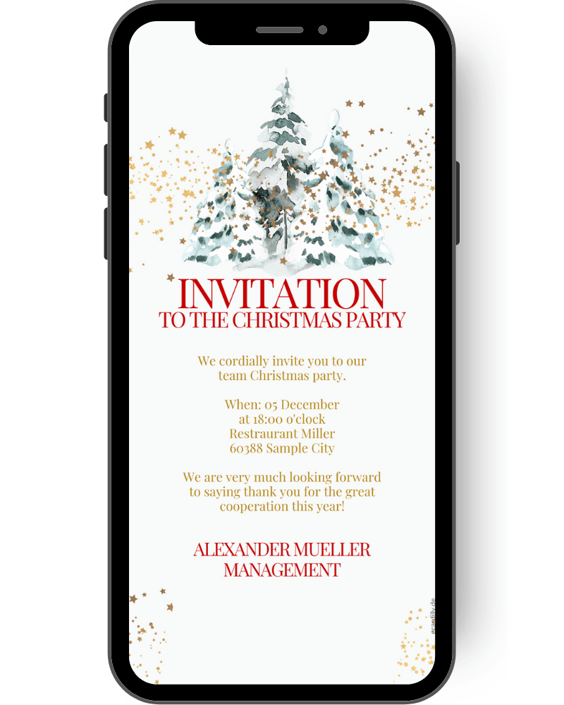 Digital invitation to the Christmas party, employee Christmas party, fir trees in golden snow with little stars can be seen on this great Christmas party invitation card. Writing in red and gold decorate this WhatsApp card. en