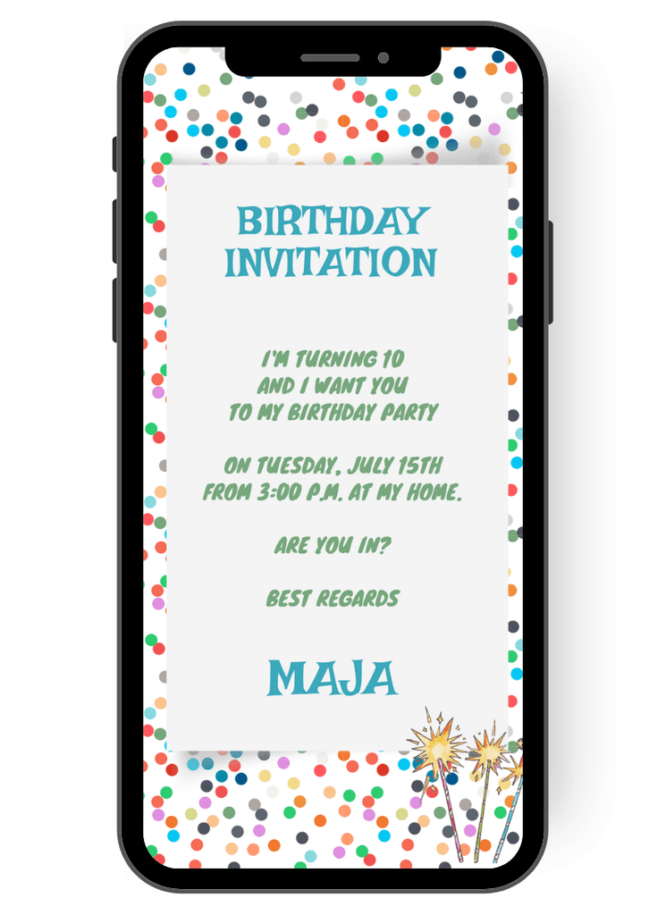 Colorful confetti invitation for a birthday. Many dots in different colors invite to birthday en