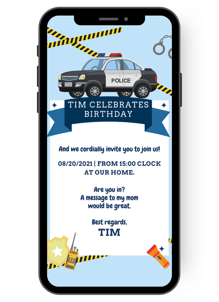 Children's birthday party invitation for real police fans: With a police car, radio, handcuffs and barrier tape as motifs on a blue and white invitation card. Sent digitally via cell phone, paperless. en