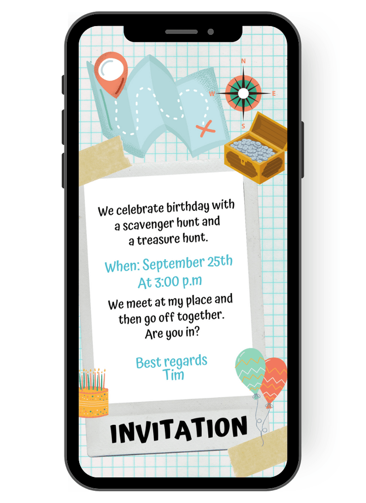 Digital invitation card as an eCard with which you can easily invite children to a birthday party. This card with treasure island, treasure chest, signpost, compass, balloons and cake invites you to your child's birthday party. en