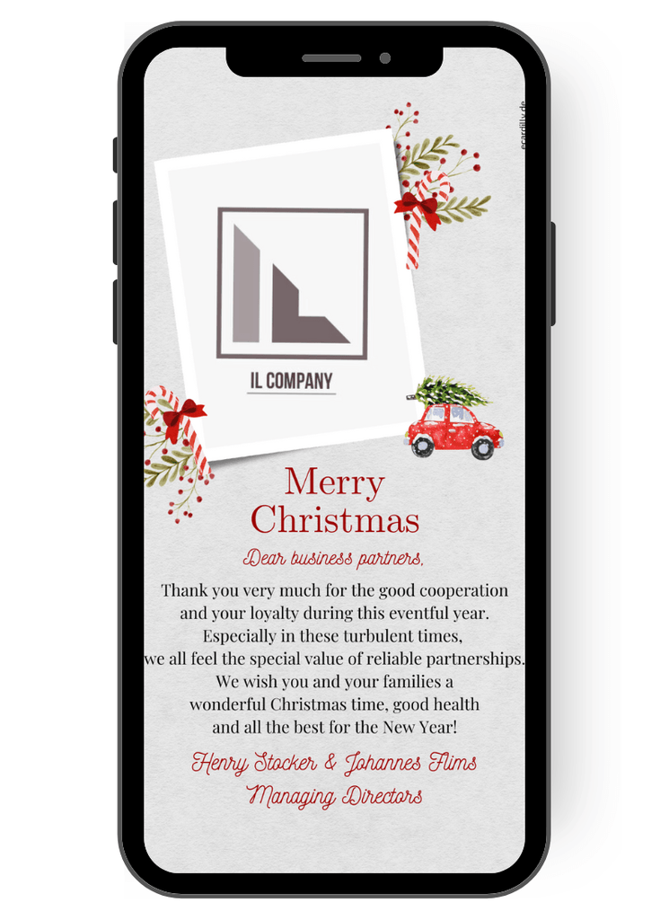Great Christmas card with logo for your business, for employees, business partners. Great business Christmas card with logo that you can customize and send digitally right away. Card with candy cane, car, branches in classic Christmas layout. en