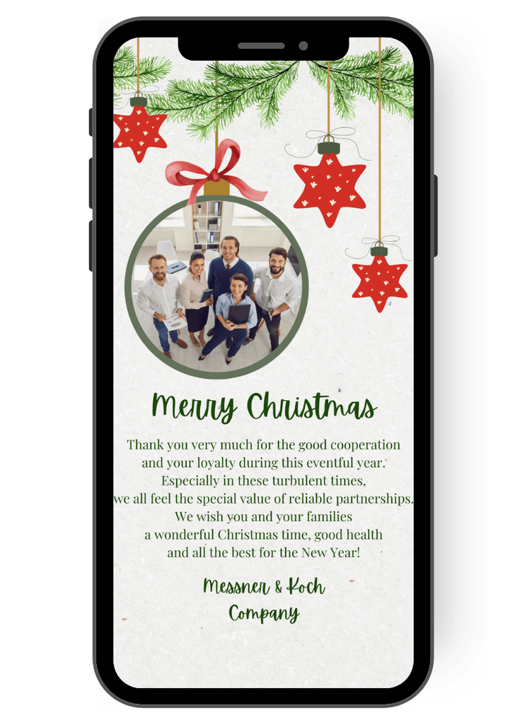 Great simple Christmas greetings business with Christmas ball and in classic red green. Send company Christmas card with employee photo or logo with WhatsApp. en