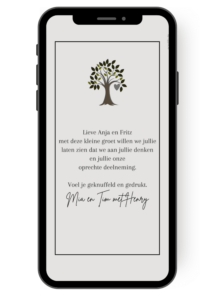 Een smyboolboompje met veel kleine blaadjes in de kop van de digitale condoleancekaart staat boven de condoleance tekst. Papierloze condoleancekaart voor medeleven na overlijden. nl