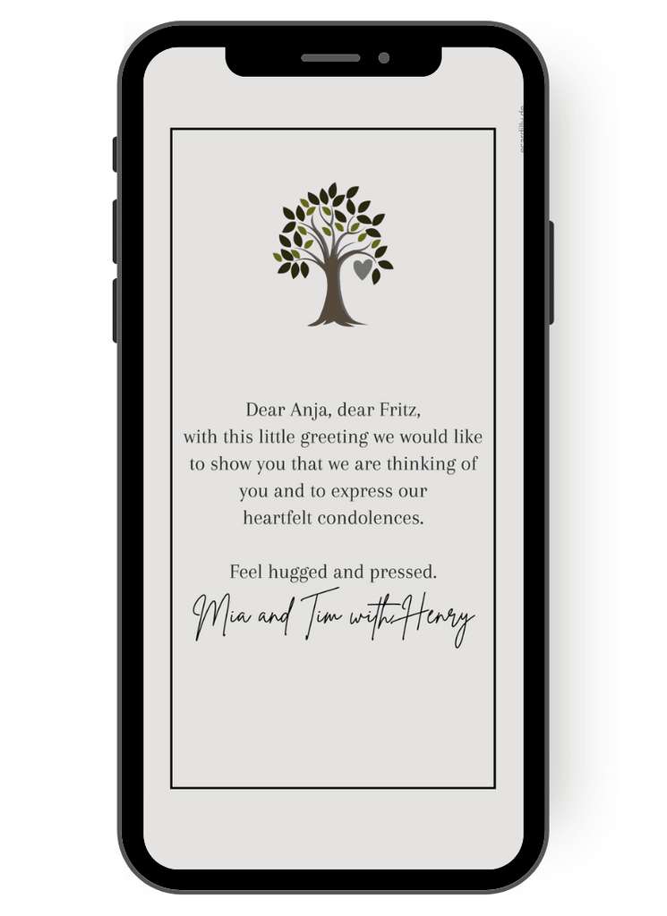 A small smybolic tree with many small leaves in the header of the digital sympathy card is above the condolence text. Paperless condolence card for sympathy after death. en