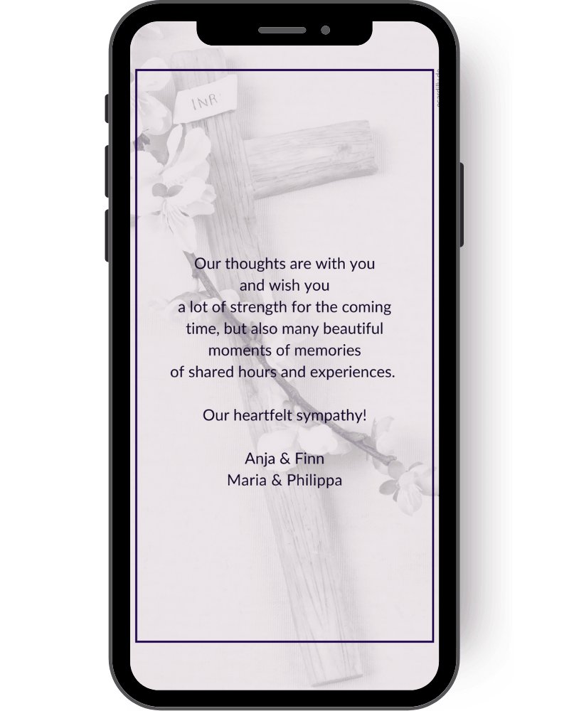 In the background of this funeral card is a wooden cross with a flower branch. Above are a personal condolence saying. en