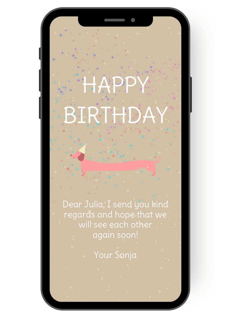 Greeting card for birthday with a dachshund in pink and colorful confetti en