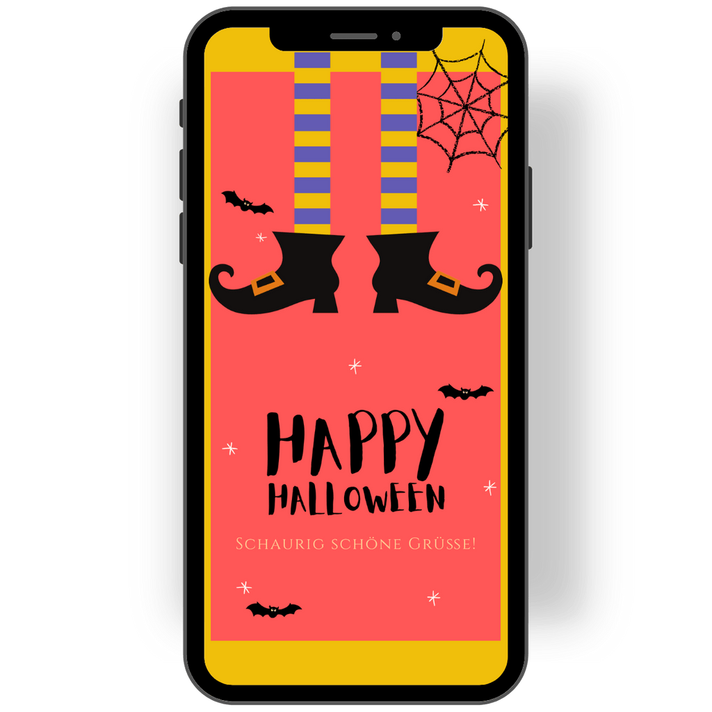 Tolle Grußkarte zu Halloween mit Happy Halloween Grüße. Rot orangene Karte mit kleinen Hexenfüsschen und Schuhen, Feldermaus und Spinnennetz in schwarz.