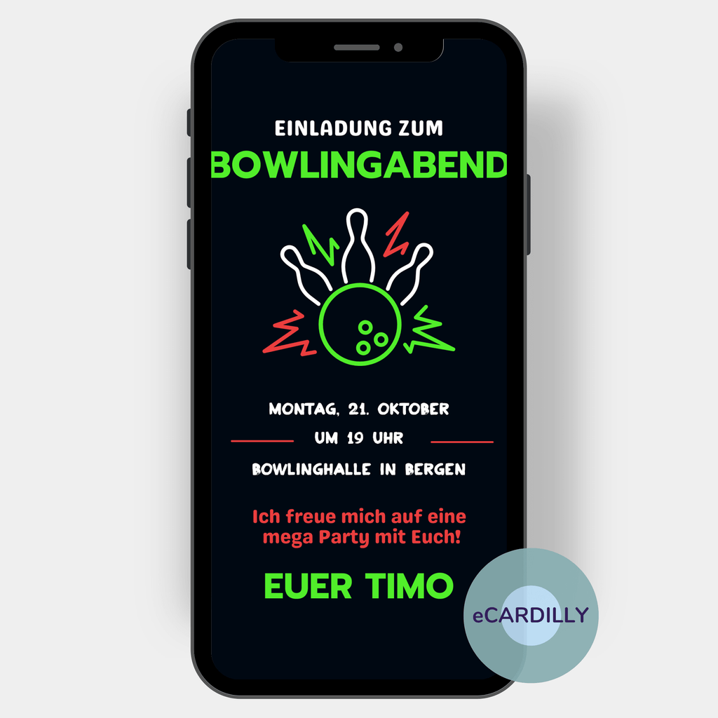 Einladungskarte zum Bowlingabend in schwarz rot und grün. So kannst du toll zu einem Bowlingabend einladen. Papierlos und digital mit deinem Handy.