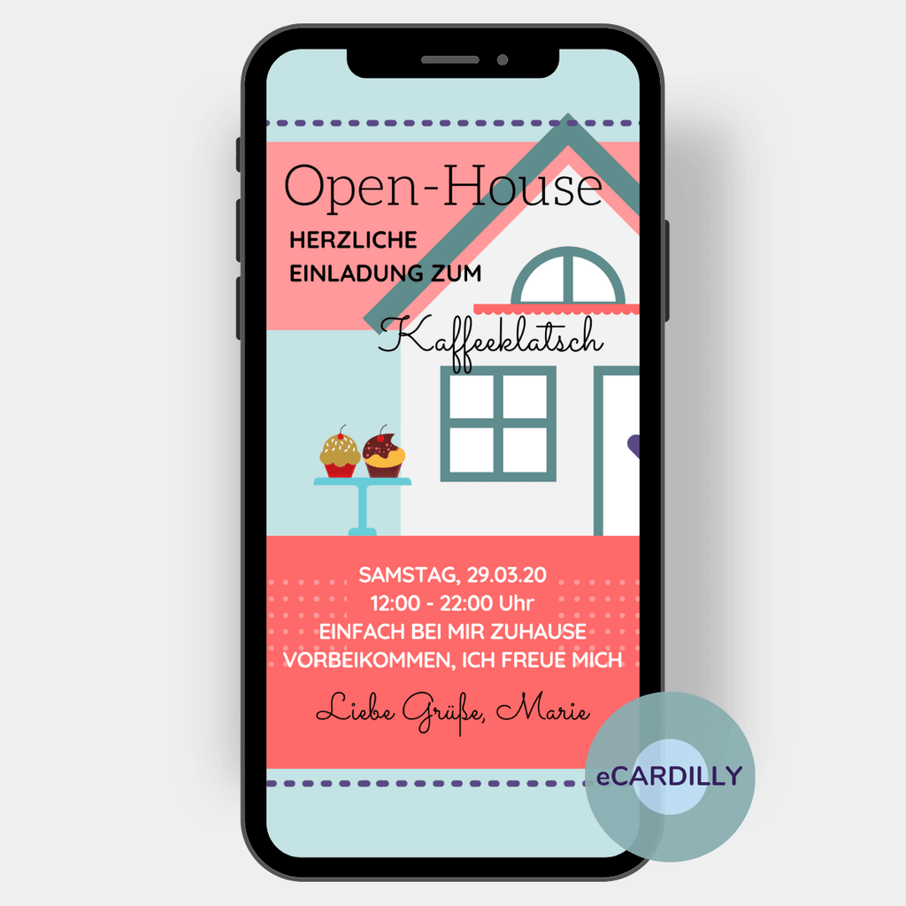 Open House: Einladung zu einem Event, das an einem Tag in einem festgelegten Zeitraum stattfindet. Auf dieser Einladung ist ein Haus mit einem kleinen Tisch davor abgebildet, darauf stehen zwei Muffins.
